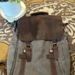 Stylish Brown and Gray Men's Backpack. Canvas and leather.  LIKE NEW